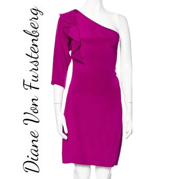 DIANE VON FURSTENBERG Cobb Magenta Pink One Shoulder Silk Mini Cocktail Dress, 8 - Picture 2 of 9